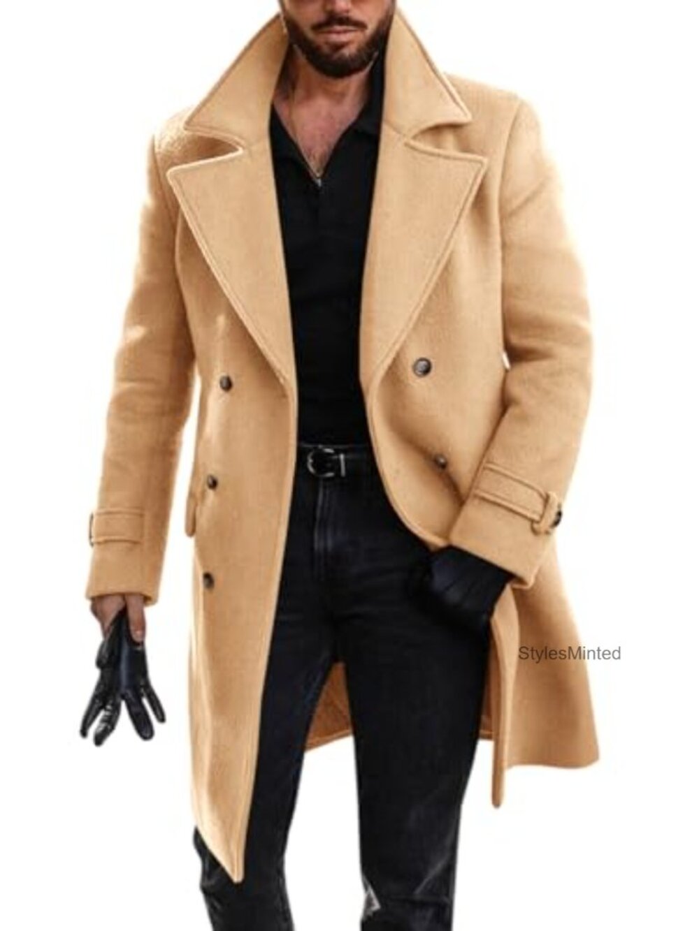 Men's Double Breasted Wool Blend Peacoat Knee Length Winter Trench Coat